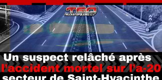 Un suspect relâché après l’accident mortel sur l’A-20 dans le secteur de Saint-Hyacinthe Autoroute 20 près d’une bretelle d’accès à Drummondville, où un accident mortel est survenu impliquant une voiture et un camion lourd. Un suspect a été intercepté puis relâché, le véritable camionneur impliqué dans le délit de fuite est toujours recherché.