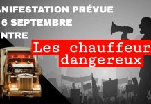 Manifestation le 6 septembre contre les chauffeurs dangereux et les stationnements illégaux Manifestation prévue le 6 septembre contre les chauffeurs dangereux. Image montrant un camion lourd et une foule de manifestants brandissant des pancartes, avec un citoyen utilisant un porte-voix.