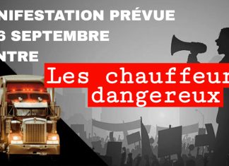 Manifestation le 6 septembre contre les chauffeurs dangereux et les stationnements illégaux Manifestation prévue le 6 septembre contre les chauffeurs dangereux. Image montrant un camion lourd et une foule de manifestants brandissant des pancartes, avec un citoyen utilisant un porte-voix.