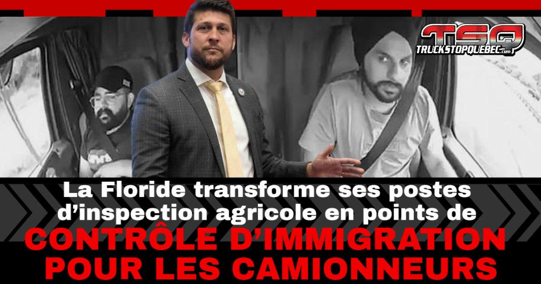 Image montrant le procureur général de Floride James Uthmeier et des images de Harjinder Singh au volant de son camion, illustrant la décision de transformer les postes d’inspection agricole en points de contrôle d’immigration pour camionneur après l’accident mortel de la Florida Turnpike.