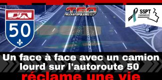 Un face à face avec un camion lourd sur l’autoroute 50 réclame une vie Panneau de l’autoroute 50 du Québec avec la mention d’un face à face mortel impliquant un camion lourd, rappel du soutien aux camionneurs par SSPT Camionneurs.