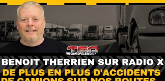 Camionnage et accidents : Benoit Therrien sur les ondes de Radio X Portrait de Benoit Therrien avec en arrière-plan une rangée de camions stationnés. Visuel promotionnel de Truck Stop Québec pour son passage à Radio X, où il discute de l’augmentation des accidents impliquant des camions, des chauffeurs étrangers, de l’Ontario et du stratagème Chauffeur Inc.