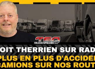 Camionnage et accidents : Benoit Therrien sur les ondes de Radio X Portrait de Benoit Therrien avec en arrière-plan une rangée de camions stationnés. Visuel promotionnel de Truck Stop Québec pour son passage à Radio X, où il discute de l’augmentation des accidents impliquant des camions, des chauffeurs étrangers, de l’Ontario et du stratagème Chauffeur Inc.