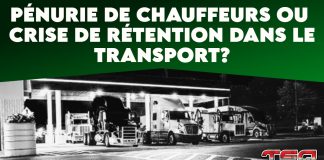 Pénurie de chauffeurs ou crise de rétention dans le transport? Engageons une réflexion… Image de camions stationnés aux pompes à carburant, et le texte : pénurie de chauffeurs ou crise de rétention dans le transport?