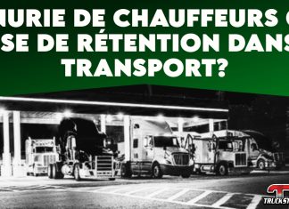 Pénurie de chauffeurs ou crise de rétention dans le transport? Engageons une réflexion… Image de camions stationnés aux pompes à carburant, et le texte : pénurie de chauffeurs ou crise de rétention dans le transport?