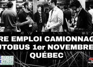 La Foire Emploi Camionnage et Autobus fait halte à Québec le 1er novembre Photo de la Foire Emploi Camionnage et Autobus avec plusieurs personnes en discussion devant des kiosques, accompagnée du texte « Foire Emploi Camionnage & Autobus 1er novembre à Québec », logos de Truck Stop Québec et de la Foire Emploi visibles.