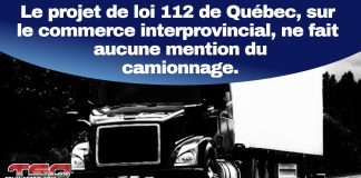 Guerre tarifaire : l’industrie du camionnage québécoise au bord du ralenti? Guerre tarifaire : l'industrie du camionnage québécoise au bord du ralenti? Image : Camion lourd de couleur noire circulant sur une route, avec un message en surimpression : « Le projet de loi 112 de Québec, sur le commerce interprovincial, ne fait aucune mention du camionnage. » Logo de Truck Stop Québec en bas à gauche.