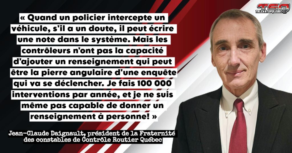 Jean-Claude Daignault, président FCCRQ, qui parle des conditions de travail des contrôleurs routiers dans un podcast sur Truck Stop Québec.