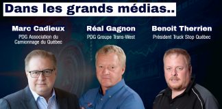 Trois présences médiatiques pour parler du camionnage et de ses enjeux Portraits de Marc Cadieux (PDG de l’Association du Camionnage du Québec), Réal Gagnon (PDG de Trans-West) et Benoit Therrien (président de Truck Stop Québec), accompagnés du slogan « Pour l’industrie. Dans les grands médias. Parce qu’il faut en parler… ».