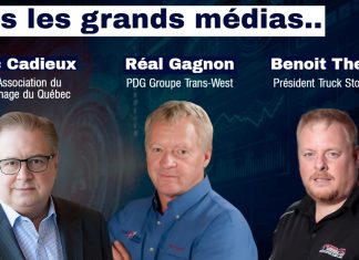 Trois présences médiatiques pour parler du camionnage et de ses enjeux Portraits de Marc Cadieux (PDG de l’Association du Camionnage du Québec), Réal Gagnon (PDG de Trans-West) et Benoit Therrien (président de Truck Stop Québec), accompagnés du slogan « Pour l’industrie. Dans les grands médias. Parce qu’il faut en parler… ».