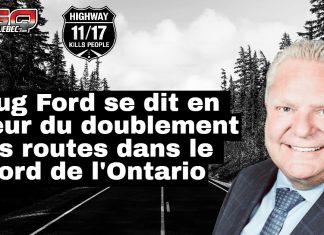 Doug Ford se dit en faveur du doublement des routes dans le nord de l’Ontario Portrait du premier ministre Doug Ford, superposé à une image d’une route à deux voies symbolisant les routes 11 et 17 dans le nord de l’Ontario. Logo de « Highway 11/17 Kills People - La route 11/17 tue des gens ». Un texte mentionne : « Doug Ford se dit en faveur du doublement des routes dans le nord de l’Ontario ».