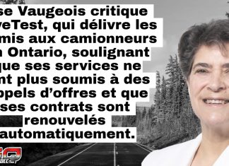 Camionnage : Rejet d’une motion pour ramener les tests de conduite commerciale au MTO Portrait de la députée ontarienne Lise Vaugeois. Le texte en surimpression indique que Lise Vaugeois critique DriveTest, qui délivre les permis aux camionneurs/camionnage en Ontario, soulignant que ses services ne sont plus soumis à des appels d’offres et que ses contrats sont renouvelés automatiquement.