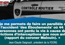 Contrôleurs routiers : « Tout est en place pour une catastrophe », prévient Jean-Claude Daignault Image de Contrôle routier Québec. Au premier plan, une citation de Jean-Claude Daignault : « Et je me permets de faire un parallèle avec l’accident 'des Éboulements' où 44 personnes ont perdu la vie à cause de restrictions d’interceptions que nous avions (rapport du coroner Malouin). »