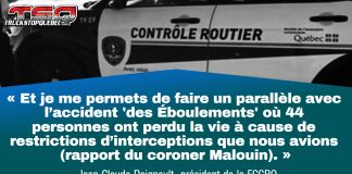 Contrôleurs routiers : « Tout est en place pour une catastrophe », prévient Jean-Claude Daignault Image de Contrôle routier Québec. Au premier plan, une citation de Jean-Claude Daignault : « Et je me permets de faire un parallèle avec l’accident 'des Éboulements' où 44 personnes ont perdu la vie à cause de restrictions d’interceptions que nous avions (rapport du coroner Malouin). »