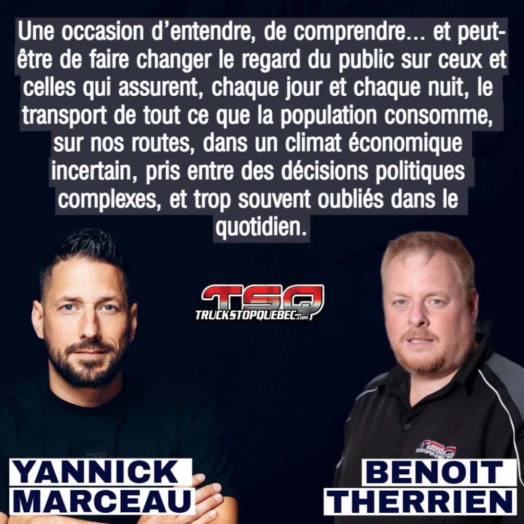 Yannick Marceau et Benoit Therrien qui discutent ensemble du camionnage dans l'actualité.