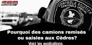 Camions remisés ou saisies aux Cèdres : Non, ce n’est pas contre Chauffeur Inc. Image en noir et blanc montrant un écusson de constable spécial de Contrôle Routier Québec au premier plan, avec en arrière-plan flou des véhicules arrêtés en bordure de route. Le visuel comprend le logo de Truck Stop Québec et le texte : "Pourquoi des camions remisés ou saisis aux Cèdres? Voici les explications."