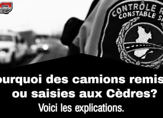 Camions remisés ou saisies aux Cèdres : Non, ce n’est pas contre Chauffeur Inc. Image en noir et blanc montrant un écusson de constable spécial de Contrôle Routier Québec au premier plan, avec en arrière-plan flou des véhicules arrêtés en bordure de route. Le visuel comprend le logo de Truck Stop Québec et le texte : "Pourquoi des camions remisés ou saisis aux Cèdres? Voici les explications."