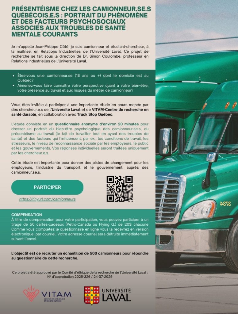 Présentéisme chez les camionneurs : participez à une étude!