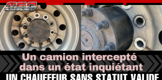 Contrôleurs Routiers : un camion intercepté dans un état inquiétant (VIDÉO) Gros plan d’une roue de camion intercepté au poste de contrôle de Brossard, par les Contrôleurs Routiers, montrant des boulons manquants et un état mécanique dangereux. Le visuel souligne également que le conducteur n’avait plus de statut valide au Canada.