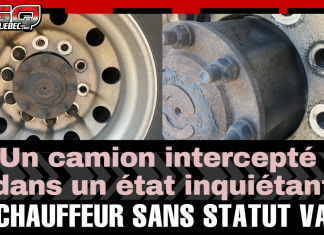 Contrôleurs Routiers : un camion intercepté dans un état inquiétant (VIDÉO) Gros plan d’une roue de camion intercepté au poste de contrôle de Brossard, par les Contrôleurs Routiers, montrant des boulons manquants et un état mécanique dangereux. Le visuel souligne également que le conducteur n’avait plus de statut valide au Canada.