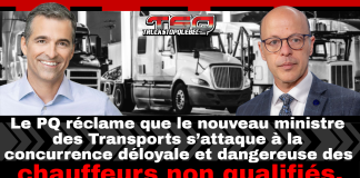 Chauffeurs inc. et illégaux : le PQ promet d’imposer des règles fermes Joël Arseneau et Alex Boissonneault du Parti Québécois, en avant-plan, avec des camions en arrière-plan. Le message indique que le PQ demande au ministre des Transports de s’attaquer à la concurrence déloyale et dangereuse des chauffeurs inc et illégaux.