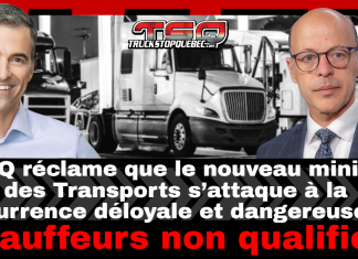 Chauffeurs inc. et illégaux : le PQ promet d’imposer des règles fermes Joël Arseneau et Alex Boissonneault du Parti Québécois, en avant-plan, avec des camions en arrière-plan. Le message indique que le PQ demande au ministre des Transports de s’attaquer à la concurrence déloyale et dangereuse des chauffeurs inc et illégaux.