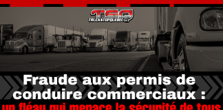Fraude aux permis de conduire commerciaux : un fléau qui menace la sécurité de tous File de camions lourds stationnés, mise en avant du titre « Fraude aux permis de conduire commerciaux : un fléau qui menace la sécurité de tous », illustrant les risques liés aux permis frauduleux dans l’industrie du transport.