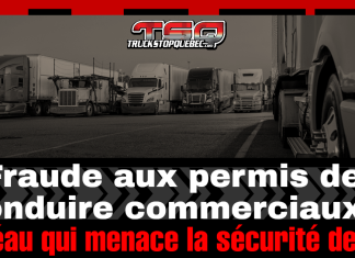Fraude aux permis de conduire commerciaux : un fléau qui menace la sécurité de tous File de camions lourds stationnés, mise en avant du titre « Fraude aux permis de conduire commerciaux : un fléau qui menace la sécurité de tous », illustrant les risques liés aux permis frauduleux dans l’industrie du transport.