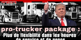 États-Unis : de nouveaux projets pilotes pour améliorer la vie des camionneurs Donald Trump levant le pouce devant une rangée de camions, avec le texte « pro-trucker package : plus de flexibilité dans les heures de service et de repos » affiché sur l’image.