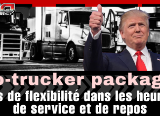 États-Unis : de nouveaux projets pilotes pour améliorer la vie des camionneurs Donald Trump levant le pouce devant une rangée de camions, avec le texte « pro-trucker package : plus de flexibilité dans les heures de service et de repos » affiché sur l’image.