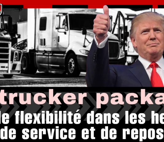 États-Unis : de nouveaux projets pilotes pour améliorer la vie des camionneurs Donald Trump levant le pouce devant une rangée de camions, avec le texte « pro-trucker package : plus de flexibilité dans les heures de service et de repos » affiché sur l’image.