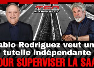 Pablo Rodriguez veut une tutelle indépendante pour la SAAQ Montage graphique montrant François Legault et Pablo Rodriguez avec le titre : Pablo Rodriguez veut une tutelle indépendante pour superviser la SAAQ, réalisé par Truck Stop Québec.