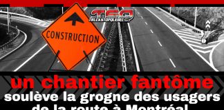 Des chantiers fantômes soulèvent la grogne des usagers de la route à Montréal Chantiers fantômes : un panneau orange de construction sur une autoroute déserte, avec le titre « un chantier fantôme soulève la grogne des usagers de la route à Montréal