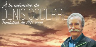 Hommage à Denis Coderre, visionnaire du transport au Québec Portrait de Denis Coderre, fondateur de SGT 2000, avec un ciel au coucher du soleil en arrière-plan et le texte « À la mémoire de Denis Coderre ».