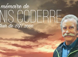Hommage à Denis Coderre, visionnaire du transport au Québec Portrait de Denis Coderre, fondateur de SGT 2000, avec un ciel au coucher du soleil en arrière-plan et le texte « À la mémoire de Denis Coderre ».