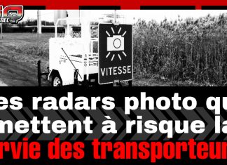 Des radars photo qui mettent à risque la survie des petits transporteurs? Un radar photo en bordure de route, avec le titre : « Des radars photo qui mettent à risque la survie des transporteurs? »