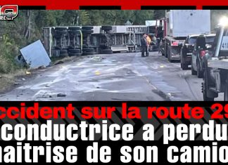 Accident impliquant un camion lourd sur la route 299 en Gaspésie Camion semi-remorque renversé sur la route 299 en Gaspésie, bloquant complètement la circulation; équipes de remorquage et véhicules en attente sur place.