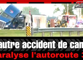 Un autre accident de camion paralyse l’autoroute 30 en Montérégie Image d’un camion semi-remorque accidenté et couché sur le côté, avec pompiers et véhicules d’urgence sur place. Texte : « Un autre accident de camion paralyse l’autoroute 30 ».