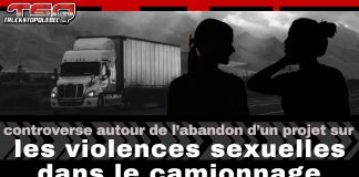 FMCSA : l’abandon d’une enquête sur les violences sexuelles choque l’industrie du transport Image en noir et blanc montrant un camion lourd sur une route avec deux silhouettes de femmes. Texte en surimpression : « Controverse autour de l’abandon d’un projet de FMCSA sur les violences sexuelles dans le camionnage ».