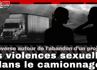 FMCSA : l’abandon d’une enquête sur les violences sexuelles choque l’industrie du transport Image en noir et blanc montrant un camion lourd sur une route avec deux silhouettes de femmes. Texte en surimpression : « Controverse autour de l’abandon d’un projet de FMCSA sur les violences sexuelles dans le camionnage ».