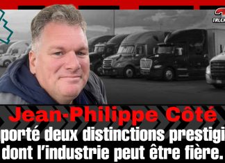 Jean-Philippe Côté au service d’une meilleure vie pour les camionneurs Portrait de Jean-Philippe Côté en avant-plan, camions lourds stationnés en arrière-plan. Logo de SSPT Camionneurs en haut à gauche et logo de Truck Stop Québec en haut à droite. Texte indiquant que Jean-Philippe Côté a remporté deux distinctions prestigieuses dont l’industrie du camionnage peut être fière.