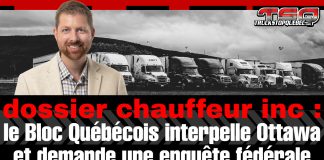 Chauffeur inc : le Bloc Québécois interpelle Ottawa et demande une enquête fédérale Image promotionnelle de Truck Stop Québec montrant Xavier Barsalou-Duval devant une rangée de camions lourds, avec le titre : « dossier chauffeur inc : le Bloc Québécois interpelle Ottawa et demande une enquête fédérale ».