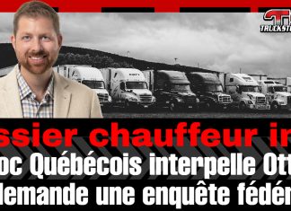 Chauffeur inc : le Bloc Québécois interpelle Ottawa et demande une enquête fédérale Image promotionnelle de Truck Stop Québec montrant Xavier Barsalou-Duval devant une rangée de camions lourds, avec le titre : « dossier chauffeur inc : le Bloc Québécois interpelle Ottawa et demande une enquête fédérale ».