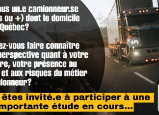 Présentéisme chez les camionneur.se.s québécois.e.s : portrait du phénomène et des facteurs psychosociaux associés aux troubles de santé mentale courants Affiche de l’organisme SSPT Camionneurs et de Truck Stop Québec. On y voit des camions lourds roulant sur l’autoroute, avec le titre « Camionneurs et camionneuses recherchés » et le slogan « Faites entendre votre réalité, aidez la recherche » sur le présentéisme.