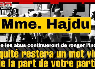 Patty Hajdu : pour une équité réelle, il faut nettoyer les abus dans le transport Image en noir et blanc montrant un groupe de camionneurs alignés devant des camions, avec en surimpression un bandeau jaune où l’on lit « Mme. Patty Hajdu », et en bas le texte : « tant que les abus continueront de ronger l’industrie, l’équité restera un mot vide de la part de votre parti. »