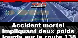 Accident mortel impliquant deux poids lourds sur la route 138 route à double voie avec séparateur central, surmontée du logo TSQ et du texte « Accident mortel impliquant deux poids lourds sur la route 138 ».