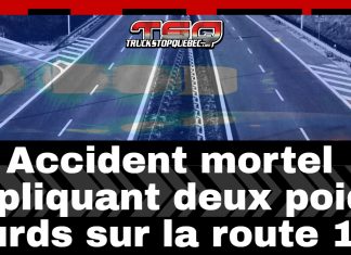 Accident mortel impliquant deux poids lourds sur la route 138 route à double voie avec séparateur central, surmontée du logo TSQ et du texte « Accident mortel impliquant deux poids lourds sur la route 138 ».