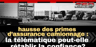 Hausse des primes d’assurance : la télématique peut-elle rétablir la confiance dans le camionnage? Image en noir et blanc montrant une rangée de camions stationnés, avec le logo Truck Stop Québec en haut à droite et le titre : « Hausse des primes d’assurance camionnage : la télématique peut-elle rétablir la confiance? ».