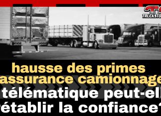 Hausse des primes d’assurance : la télématique peut-elle rétablir la confiance dans le camionnage? Image en noir et blanc montrant une rangée de camions stationnés, avec le logo Truck Stop Québec en haut à droite et le titre : « Hausse des primes d’assurance camionnage : la télématique peut-elle rétablir la confiance? ».