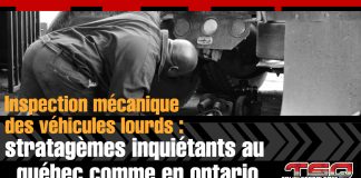 Inspections mécaniques des véhicules lourds : stratagèmes inquiétants au Québec comme en Ontario Mécanicien inspectant un camion lourd sous l’essieu, illustrant les doutes sur la fiabilité des inspections mécaniques des véhicules lourds au Québec et en Ontario.
